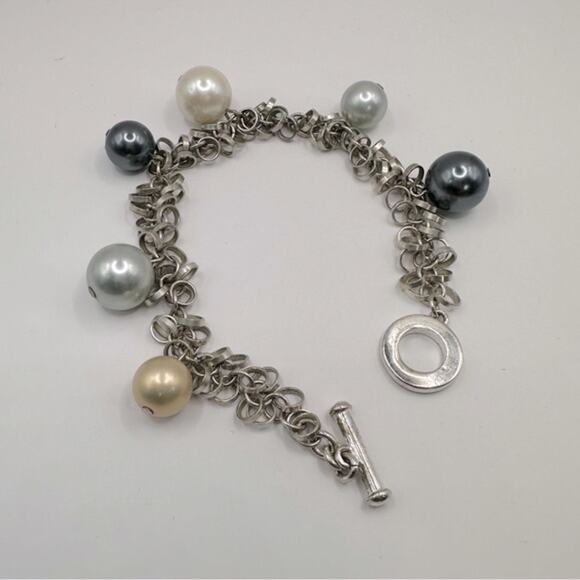 Unbranded Faux Pearl Dangle Bracelet Toggle Clasp Grey Silver White Gold Neutral - Picture 3 of 10